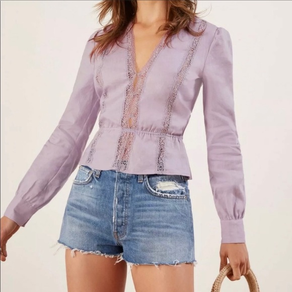 Reformation Tops - REFORMATION Lavender Purple ODETTE Puff Sleeve Lace VNeck Peplum Linen Top XL
